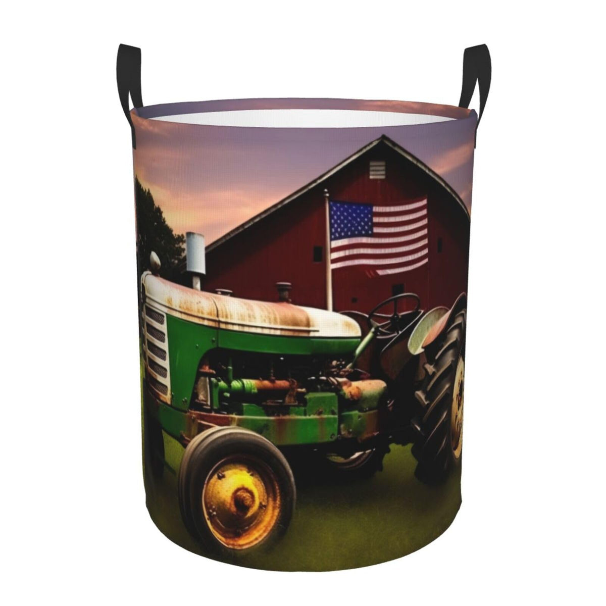 FEMOS Collapsible Laundry Basket With Handles,Round Oxford Cloth Laundry Hamper/Old Tractor Photo Farm/Dirty Clothes Storage Bin