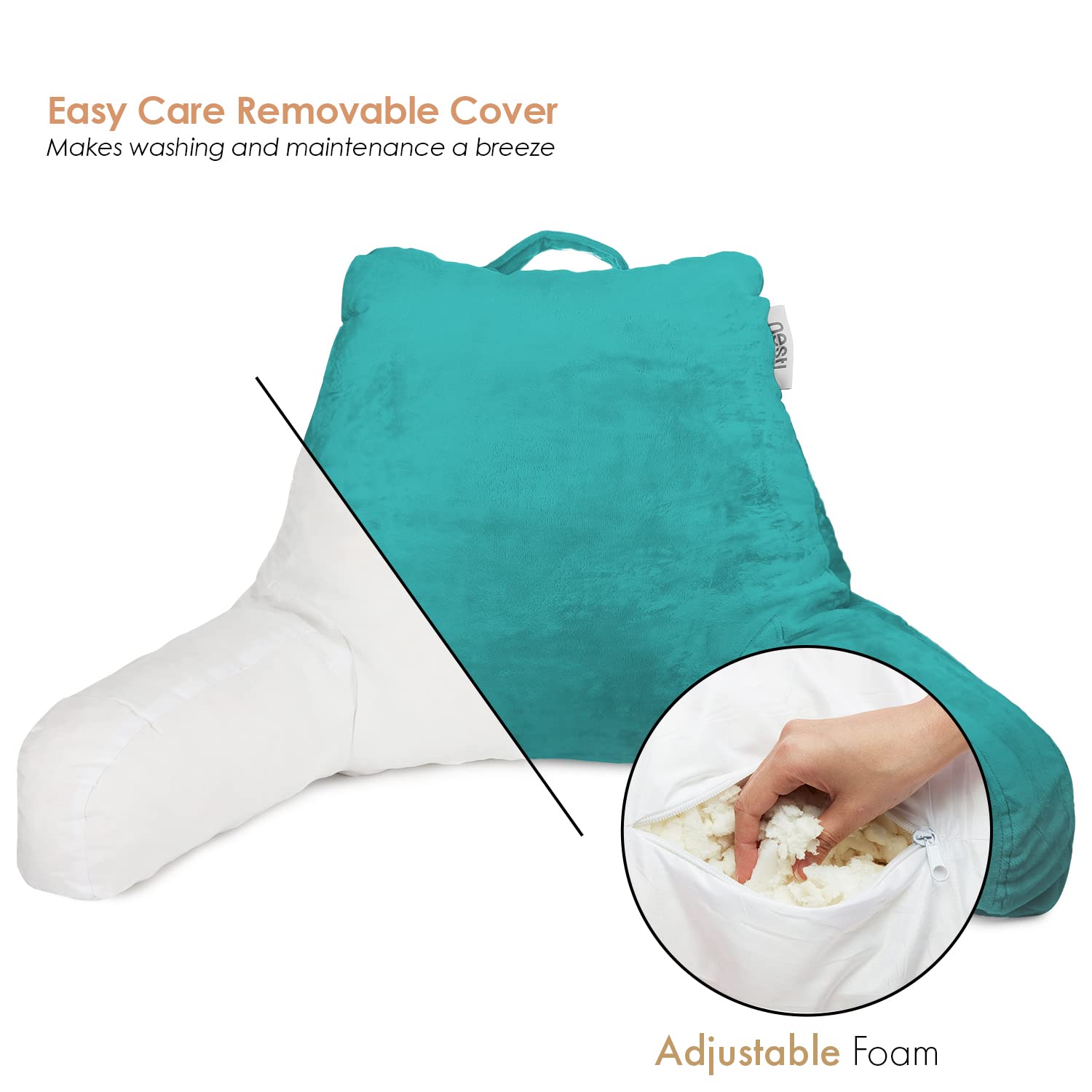 Nestl Reading Pillow Standard Bed Pillow, Back Pillow For Sitting In Bed Shredded Memory Foam Chair Pillow, Reading & Bed Rest Pillows Teal Back Pillow For Bed, Bed Chair Arm Pillow With Pockets