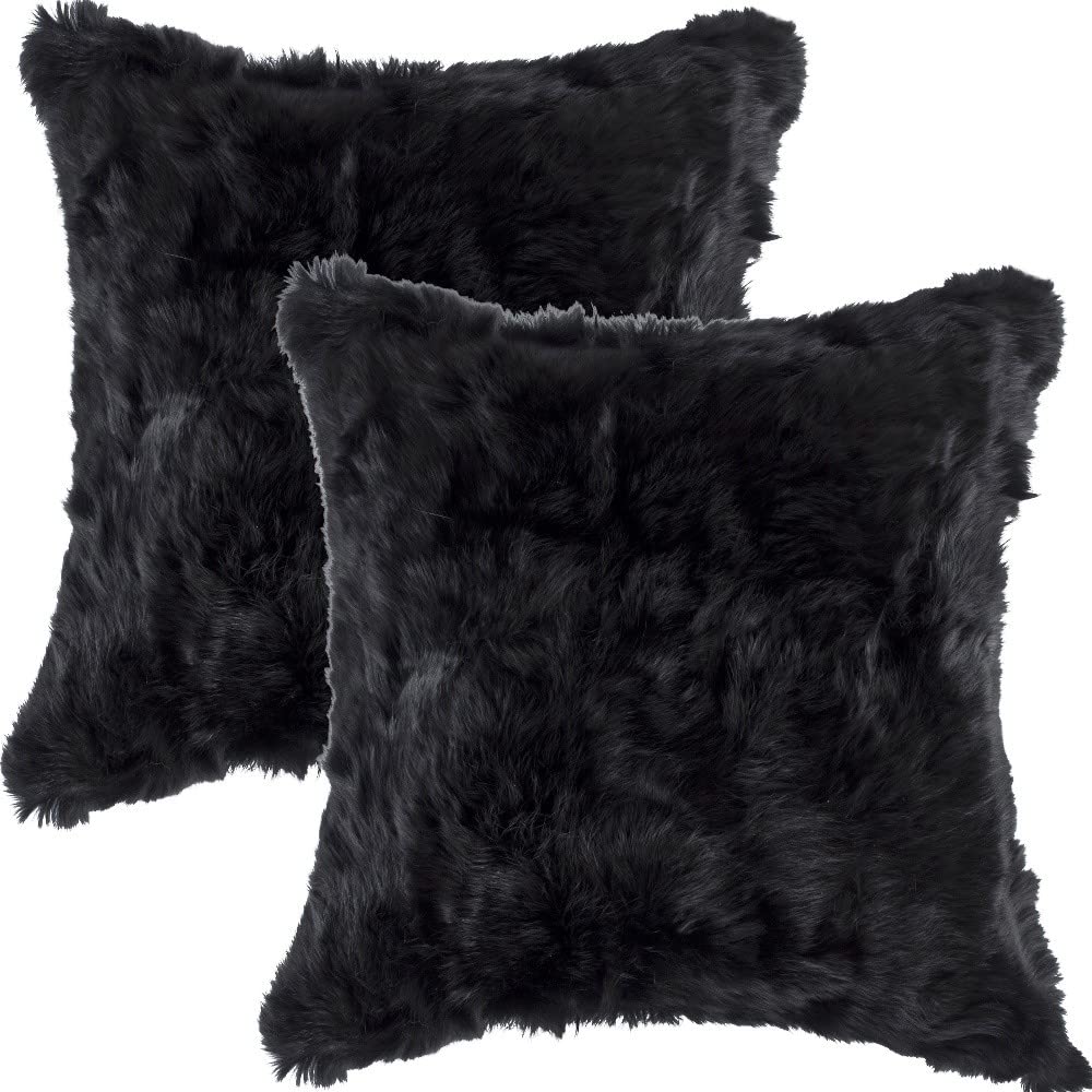 HomeRoots 100% Natural Rabbit Fur and Microsuede Set of Two 18' X 18' Black Rabbit Natural Fur Animal Print Throw Pillows