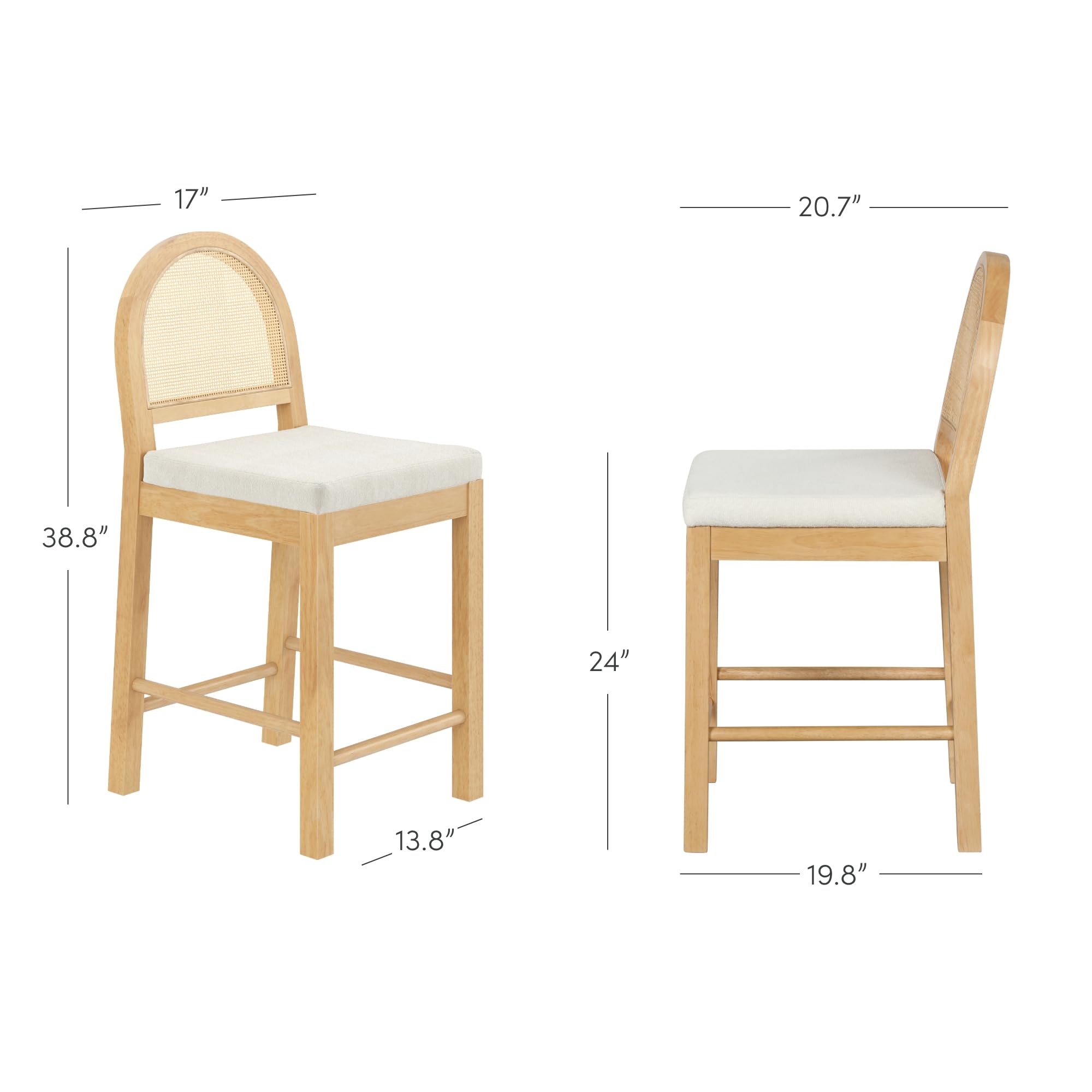Nathan James Bailey Upholstered Rattan Bar Stool In Oak Finish Frame, Counter Height Stool With Natural Rattan Woven Back For Kitchen Island, Brown