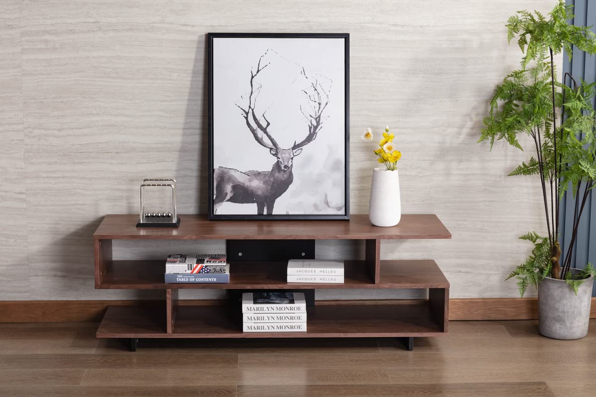 Lilola Home Iris 59' Brown Walnut Finish TV Stand with 2 Levels of Shelves and Black Legs