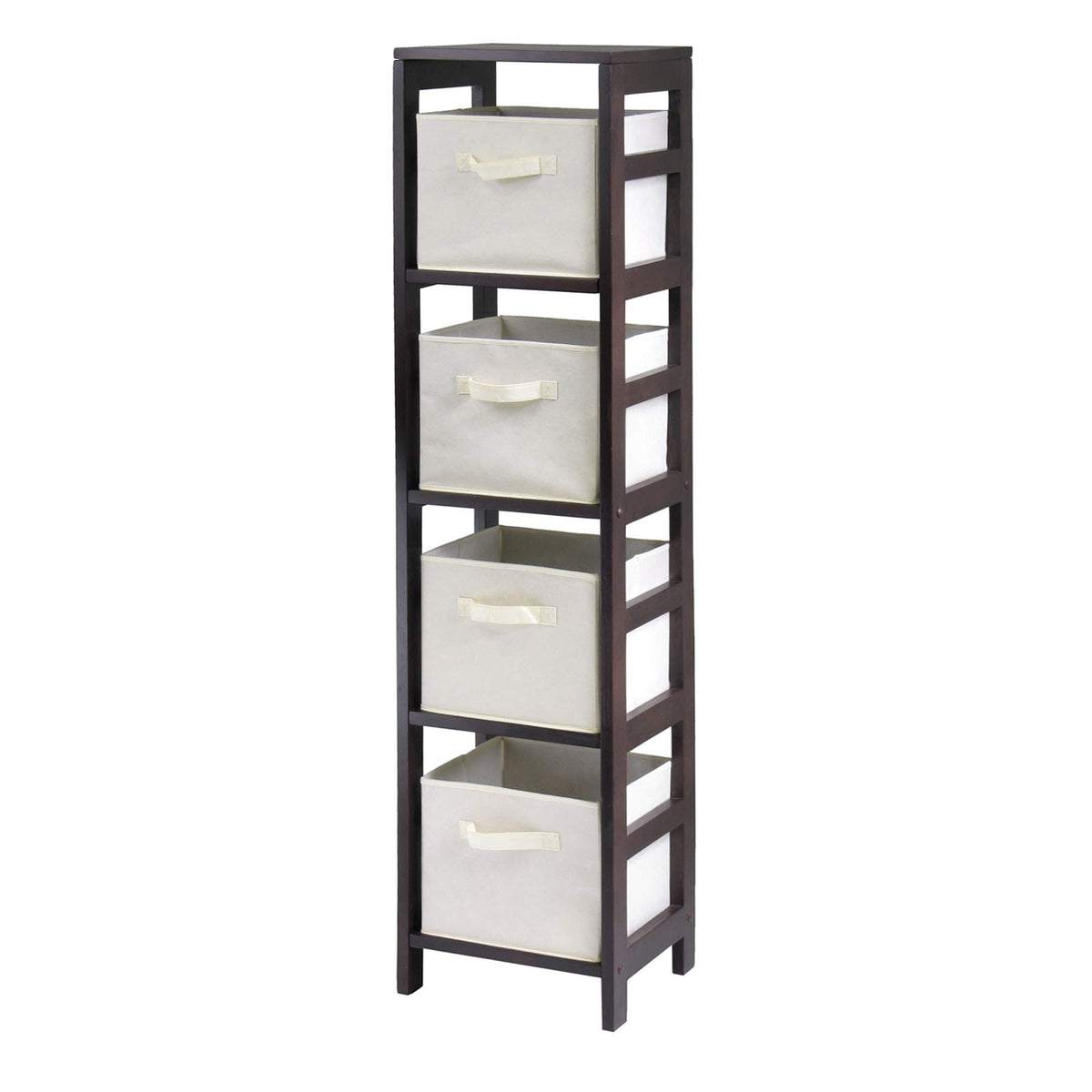 Winsome Wood Capri Wood 4 Section Storage Shelf with 4 Beige Fabric Foldable Baskets