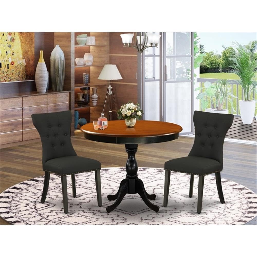 East West Furniture Amga3-Bch-24 3 Piece Modern Dining Table Set Contains A Round Kitchen Table With Pedestal And 2 Black Linen Fabric Upholstered Parson Chairs, 36X36 Inch, Black & Cherry