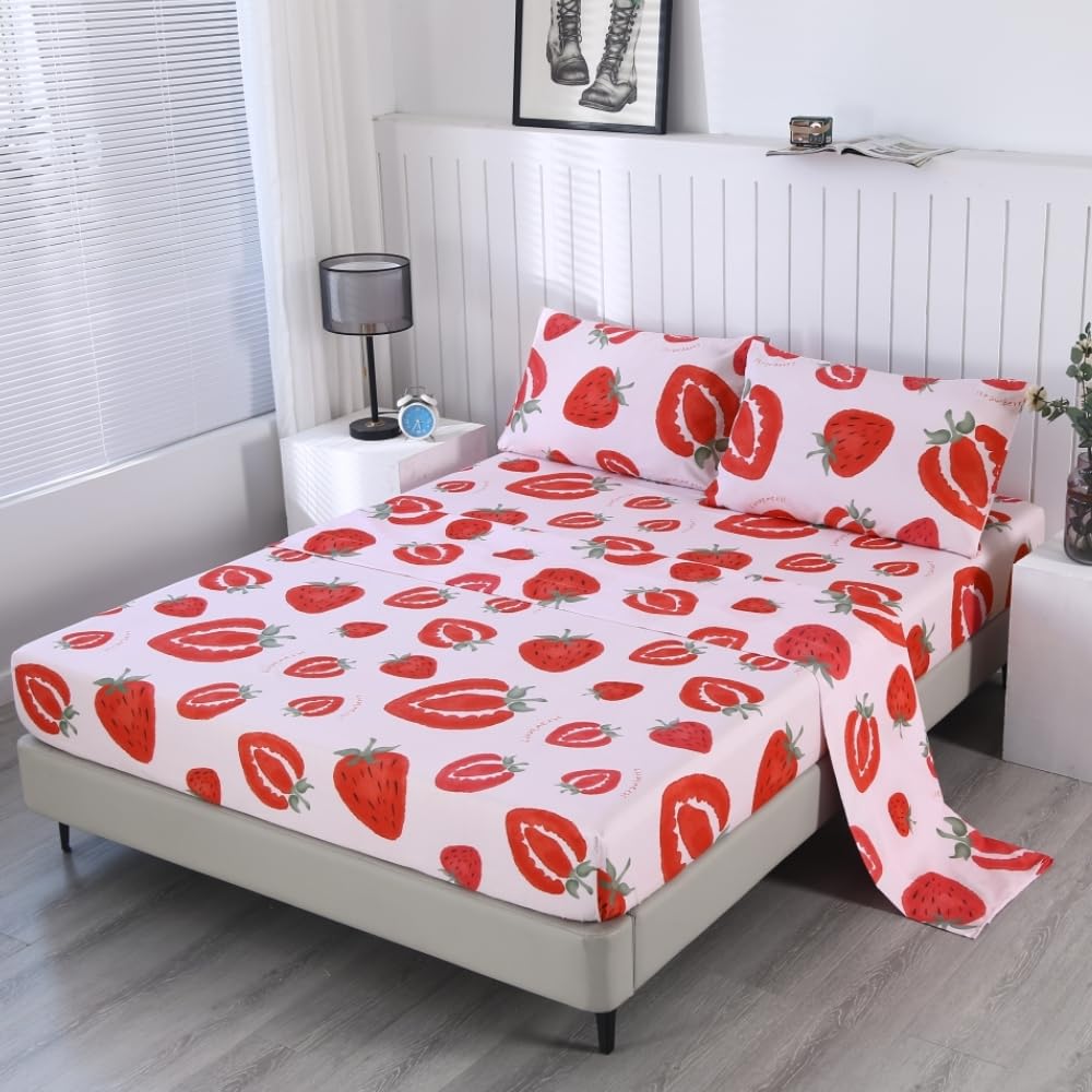 Sdiii 4Pcs Pink Strawberry Sheets Queen Set, Soft Microfiber Kids Queen Sheets, Cute Sheets Queen For Girls Kids And Teens, Shri