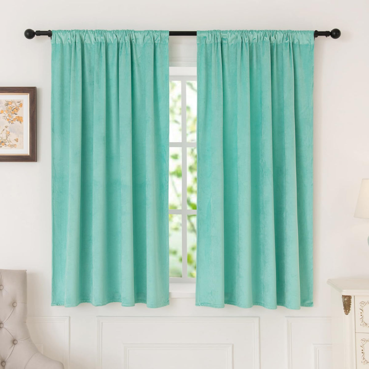 Nanbowang Aqua Green Velvet Curtains 63 Inches Long Soft Curtains Rod Pocket Thermal Insulated Curtains Window Treatment For Bed