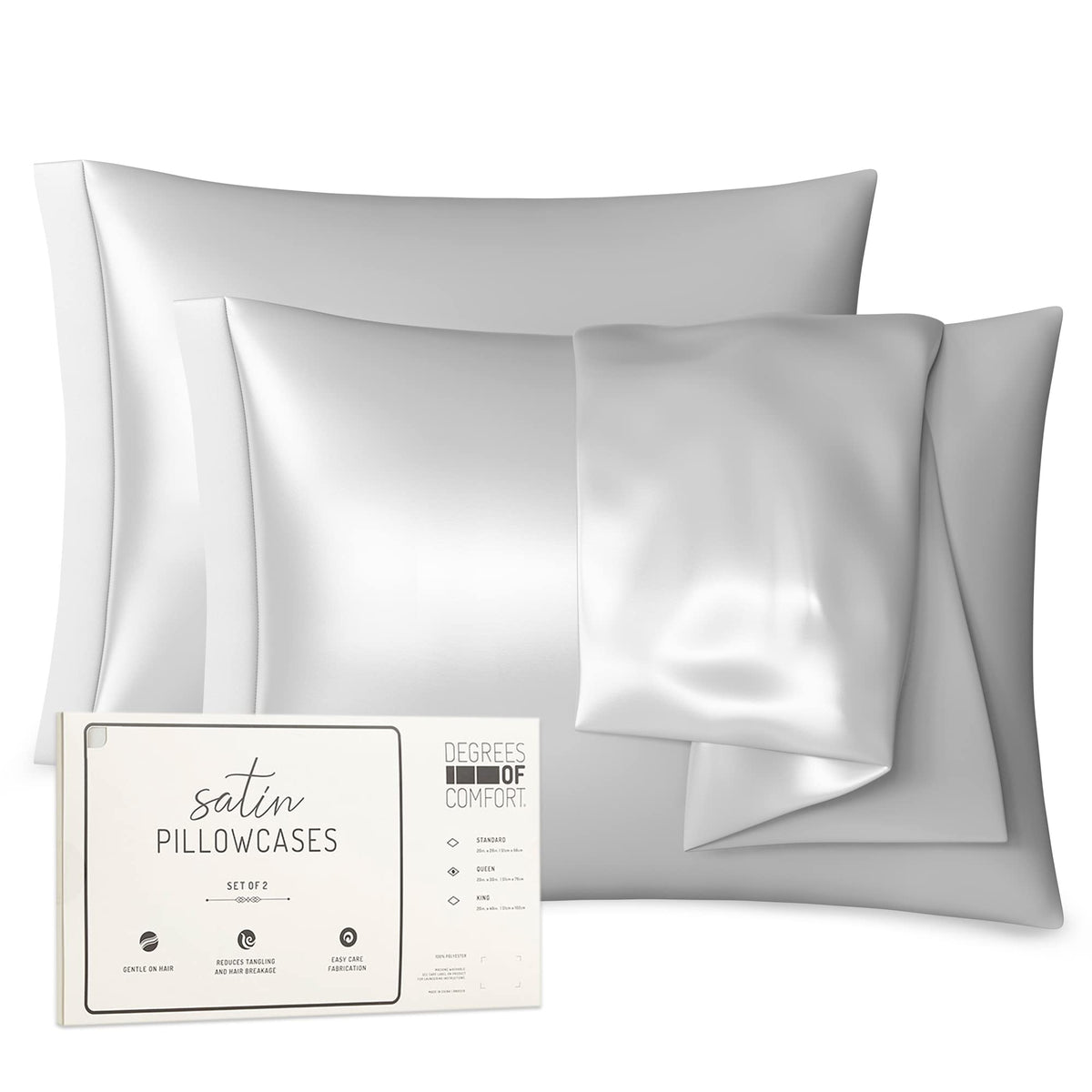 Grey Satin Pillowcase Queen Set Of 2 | Pillow Cases For Hair And Skin | 20 X 30 Inch-Slip Silky Comfort With Envelope Closure