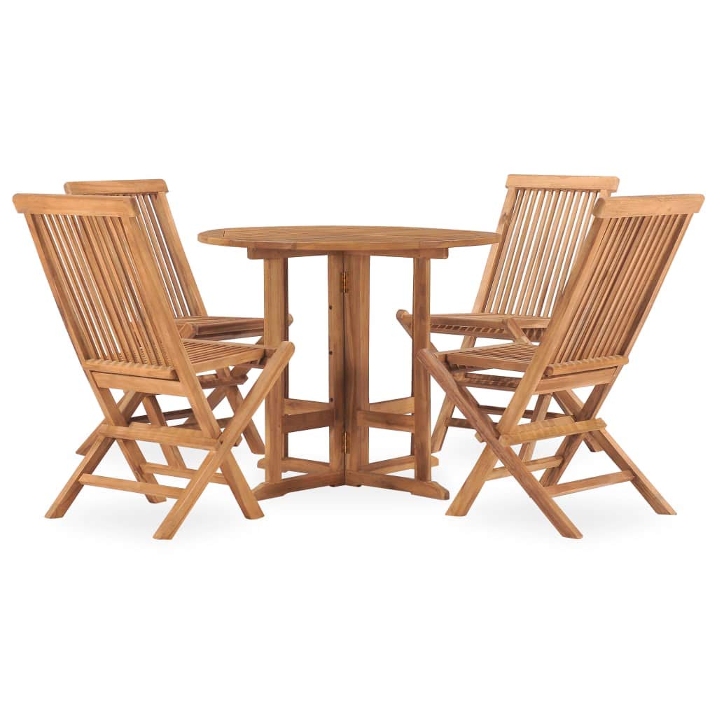 vidaXL Solid Teak Wood Patio Dining Set - 5-Piece Folding Garden Furniture Set, Round Table & Chairs, Weather-Resistant, Brown