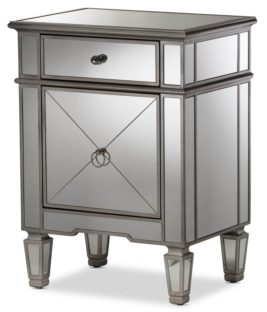 Baxton Studio Claudia Mirrored Nightstand in Silver