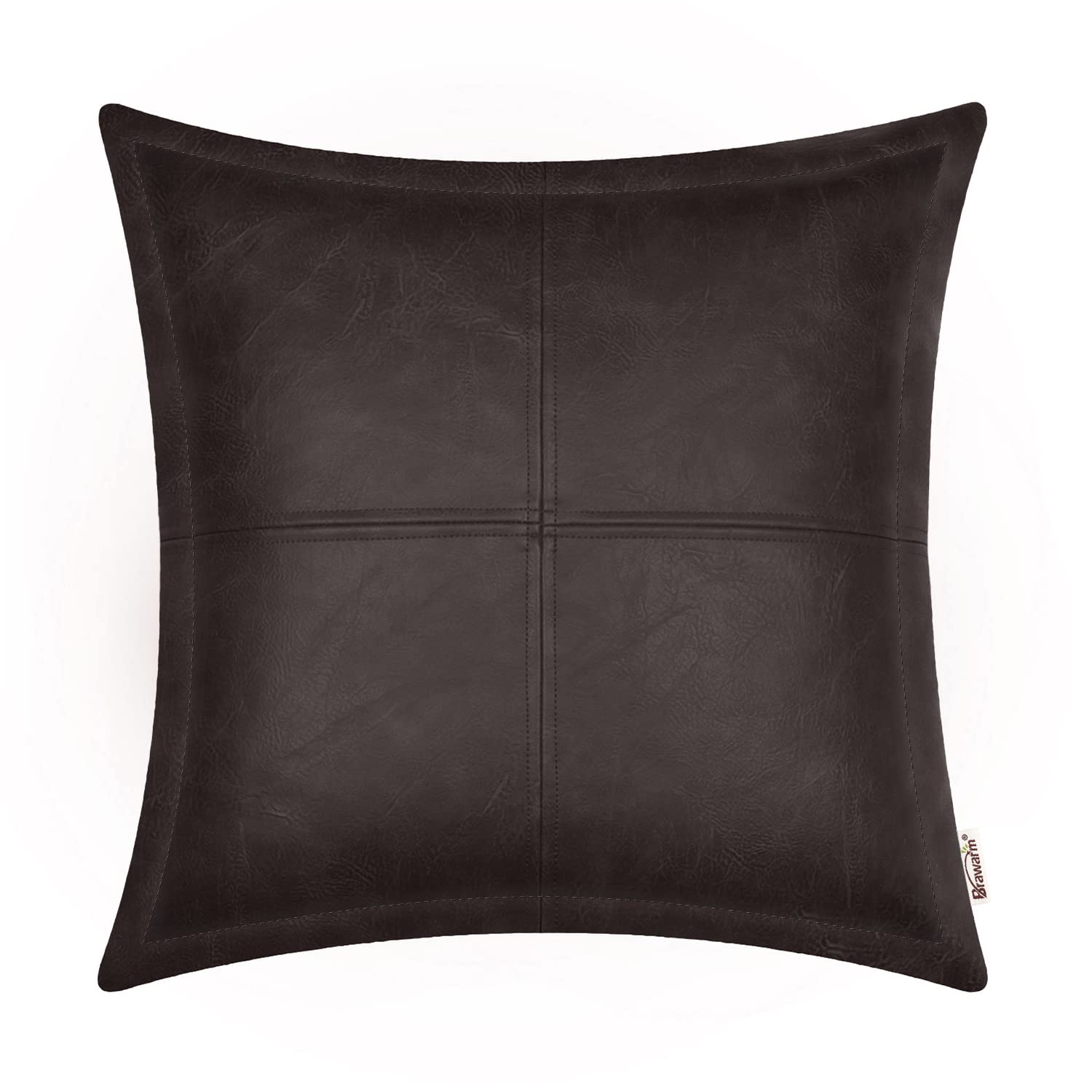 Brawarm Coffee Leather Throw Pillow 18 X 18 Inches, Faux Leather Pillow Cover With Piping, Hand Stitched Leather Decorative Thro