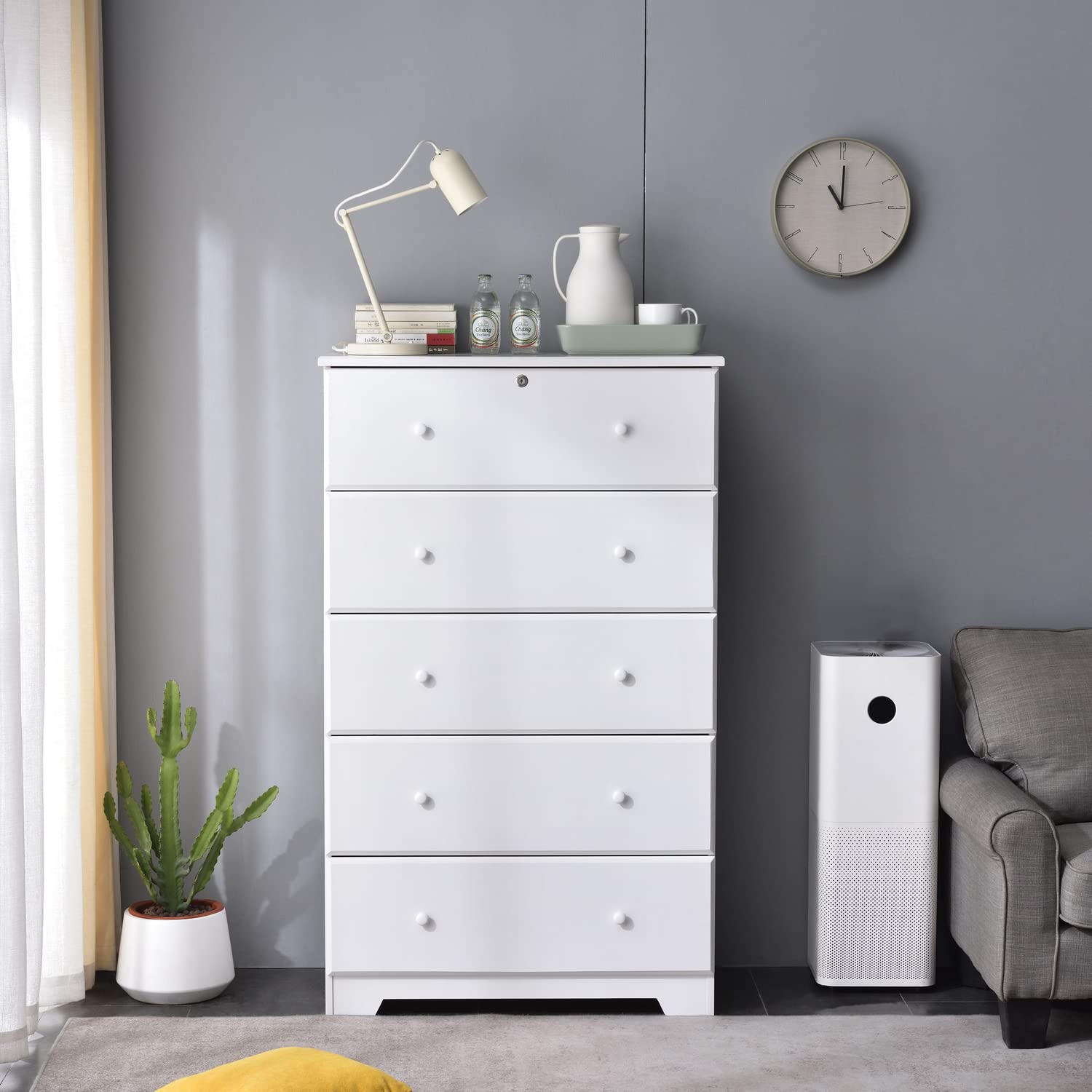 Better Home Products Isabela Solid Pine Wood 5 Drawer Chest Dresser in White