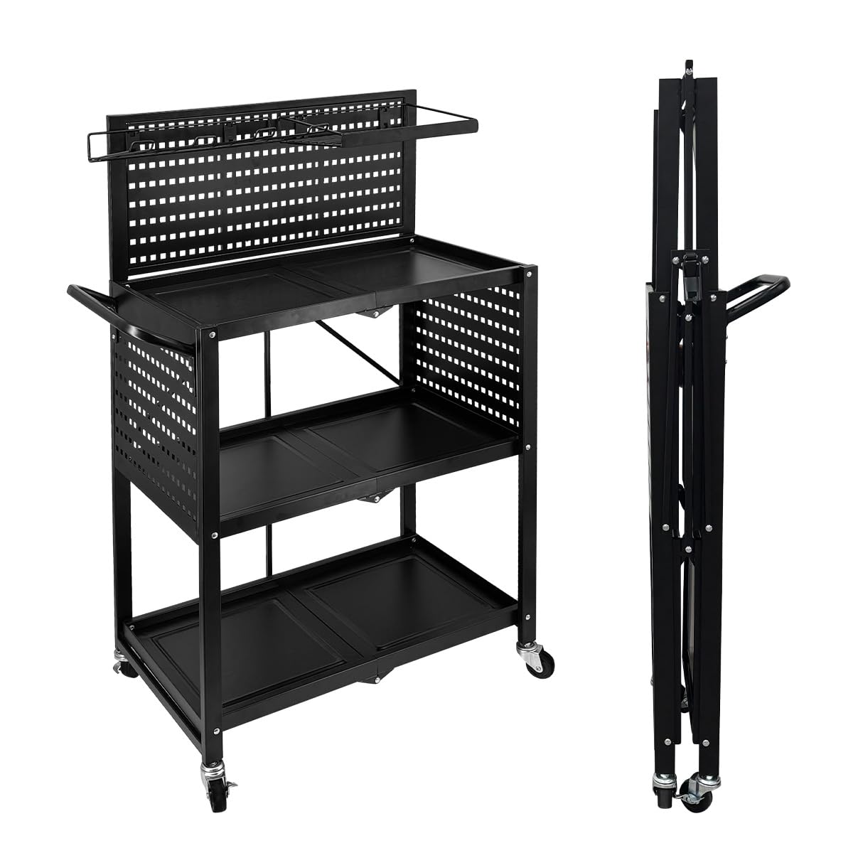 Lumizone 3-Tier Foldable Rolling Tool Cart with Wheels, Utility Cart with Pegboard for Garage Organizer and Tool Storage, Power 