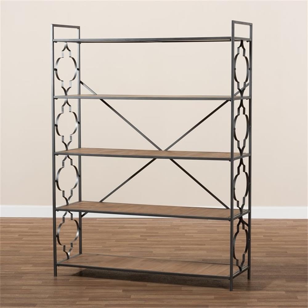 Baxton Studio Mirna Industrial Black Iron Metal and Natural Oak Wood 5-Shelf Quatrefoil Accent Bookcase