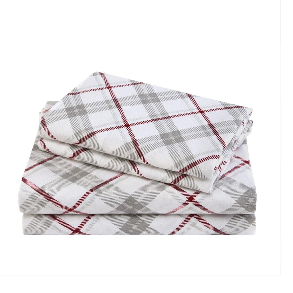 Comfort Spaces Cotton Flannel Breathable Warm Deep Pocket Sheets with Pillow Case Bedding, Queen, Grey/Red Plaid 4 Piece