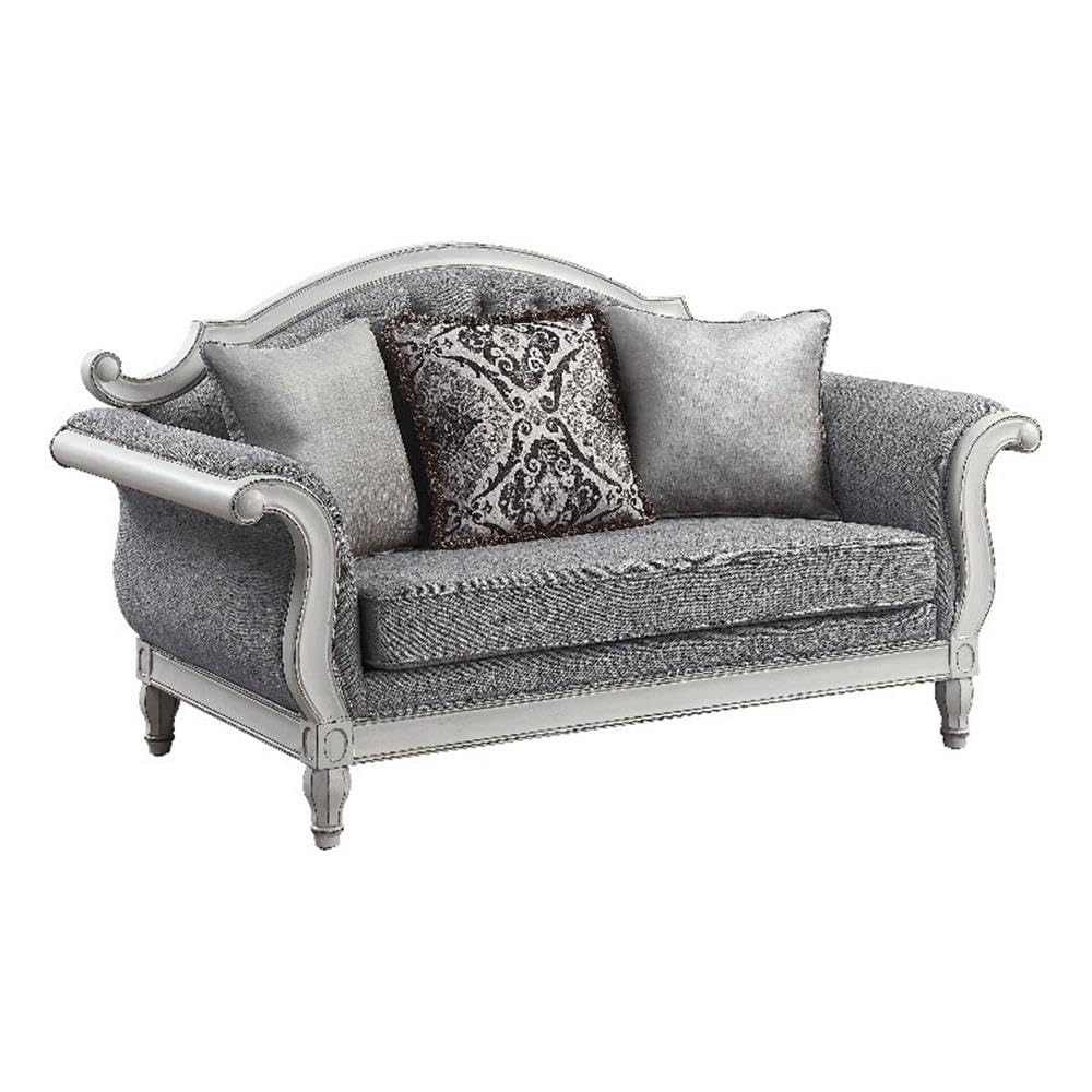 Acme Furniture Florian Tufted Fabric Loveseat w/ 3 Pillows in Gray/Antique White