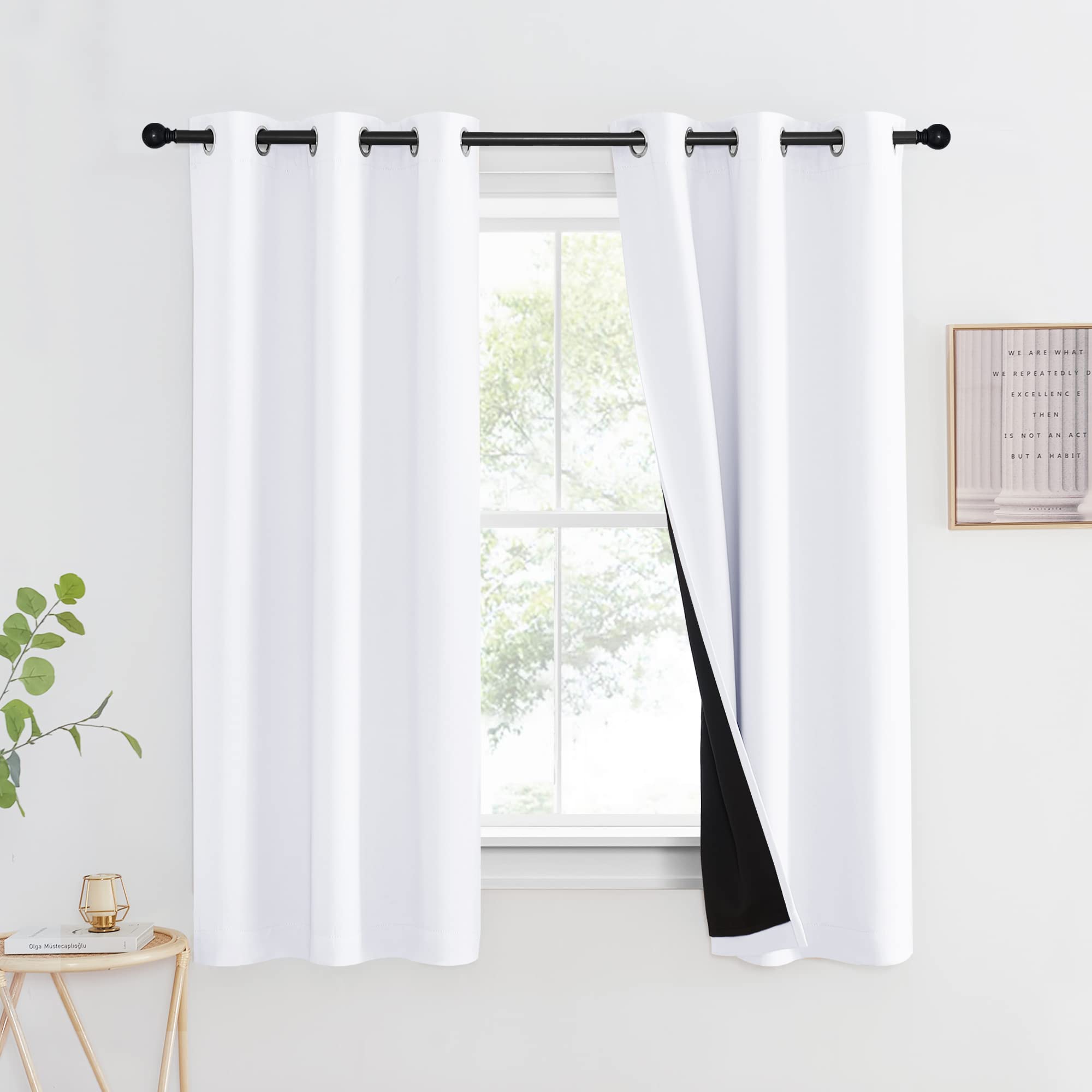 Nicetown White 100% Blackout Lined Curtain, 2 Thick Layers Completely Blackout Window Treatment Thermal Insulated Drape For Kitc