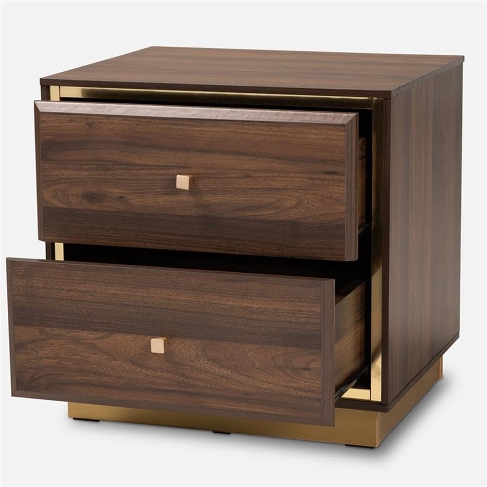 Baxton Studio Cormac Mid-Century Modern Transitional Walnut Brown Finished Wood and Gold Metal 2-Drawer Nightstand