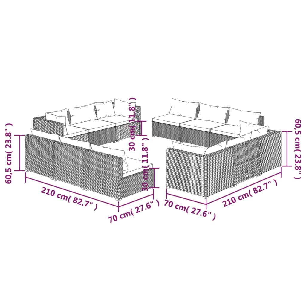 vidaXL 12 Piece Patio Lounge Set - Poly Rattan, Gray with Anthracite Cushions - Durable, Water-Resistant Material, Sturdy Steel Frame - Modular Design, Comfortable & Easy to Maintain