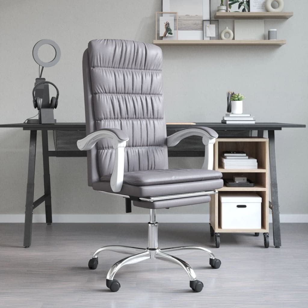 vidaXL Gray Faux Leather Reclining Office Chair - Metal and Plywood Frame, Adjustable Backrest & Height, 360-degree Swivel, Rolling Castors for Convenient Mobility, Simple Assembly Required