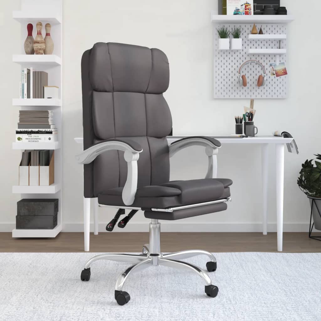 vidaXL Reclining Office Chair in Gray Faux Leather - Modern Design, Lying Down Feature, Armrest, Foam Filling