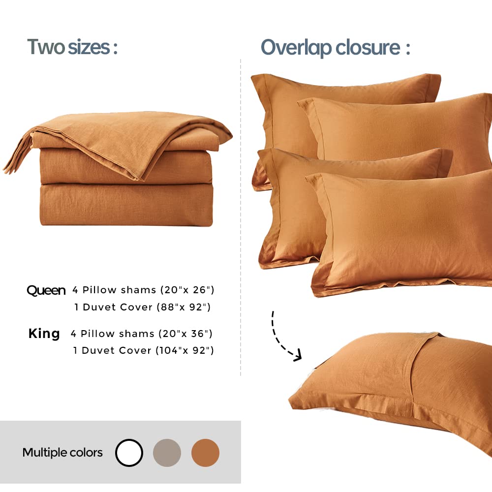 Simple&Opulence French Linen Duvet Cover Set 88'' X 92''- 5 Pieces (1 Comforter Cover,4 Pillowcases)- Natural Flax Cotton Blend-