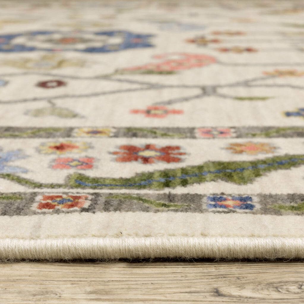 HomeRoots 509315 8 x 11 ft. Ivory Green Blues Pink Yellow Rust Brown Tan & Gray Oriental Power Loom Stain Resistant Rectangle Area Rug with Fringe