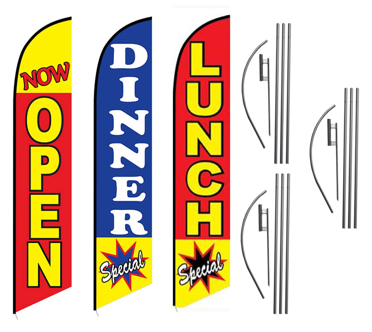 Lunch Dinner Special Now Open Restaurant Advertising Feather Flag Kits Package, Includes 3 Banner Flags, 3 Flag Poles, And 3 Gro