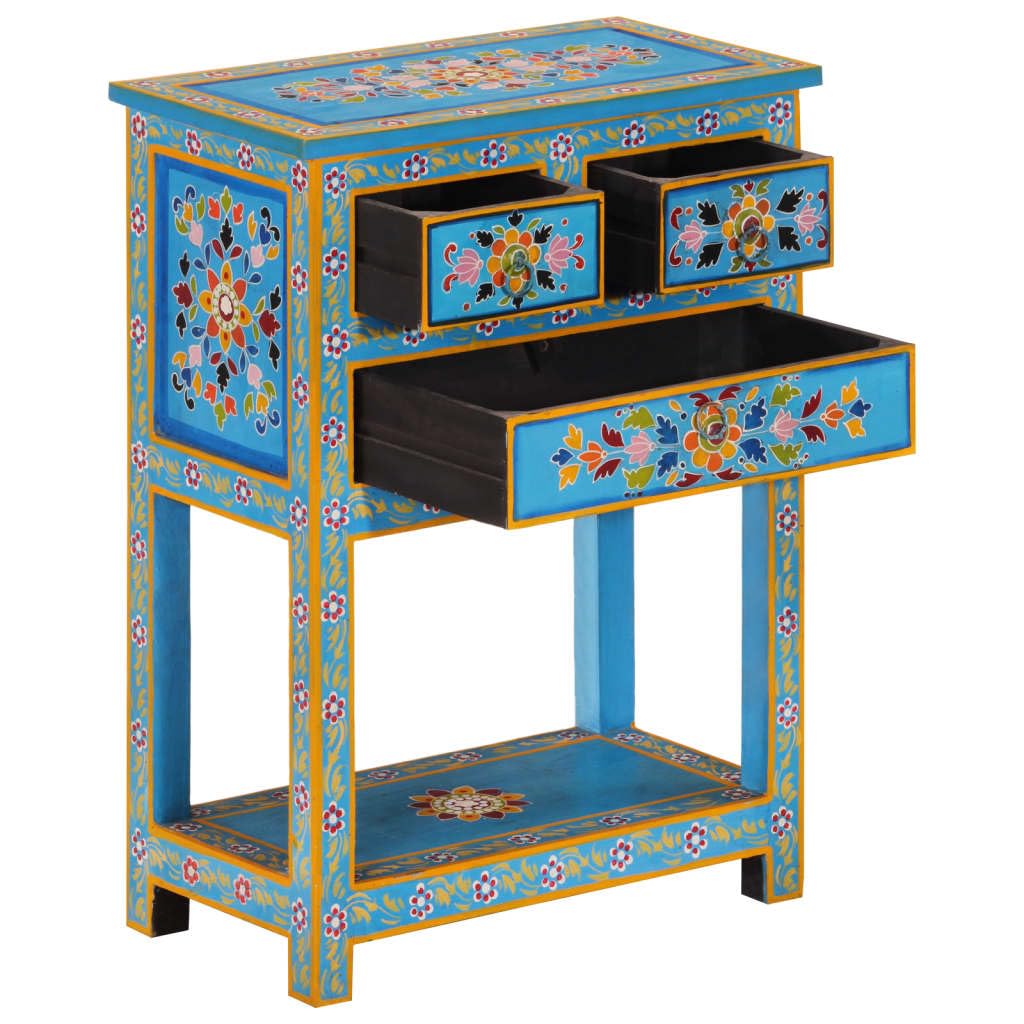 vidaXL Solid Mango Wood Sideboard with Hand-Painted Decorative Details, Multicolor - Turquoise Base, Retro-Style 3-Drawer Cabinet with Handy Storage Options