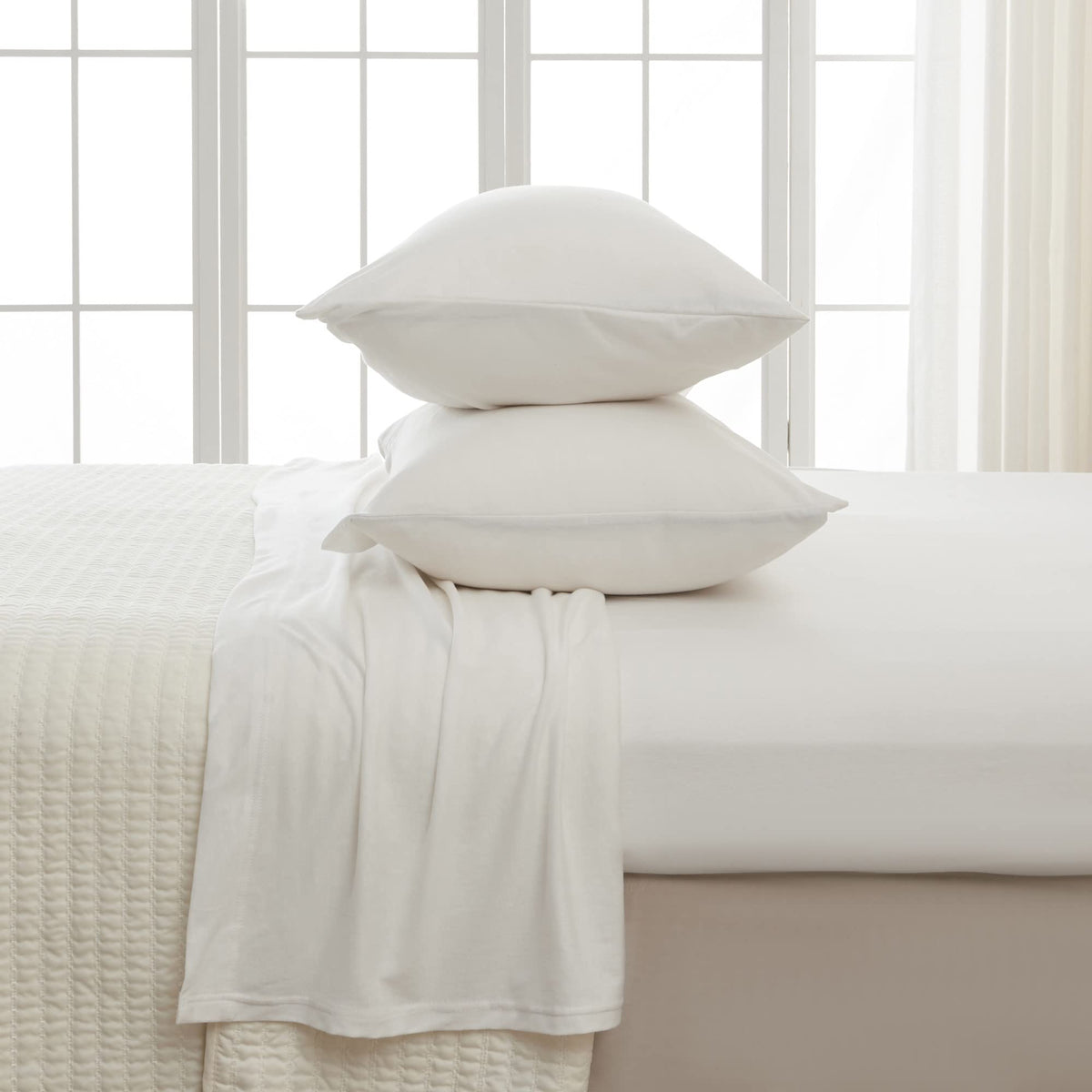 Great Bay Home 4 Piece Jersey Knit Queen Cotton Blend White Sheet Set | Ultra-Soft T-Shirt Jersey Bedding Sheets & Pillowcases |