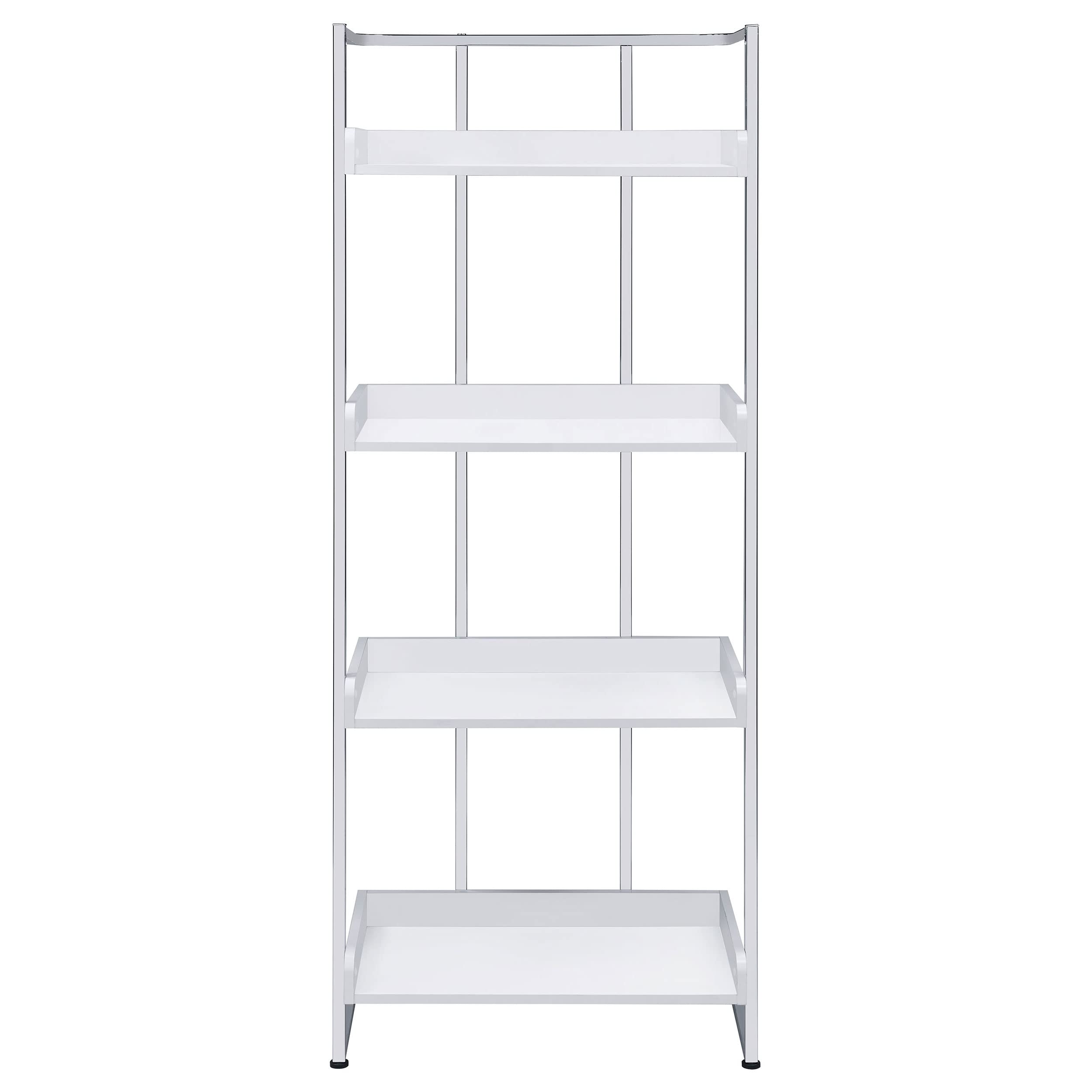 Coaster Furniture Ember 4-Shelf White High Gloss and Chrome Bookcase 26.25&quot; W x 14&quot; D x 67.5&quot; H 803402