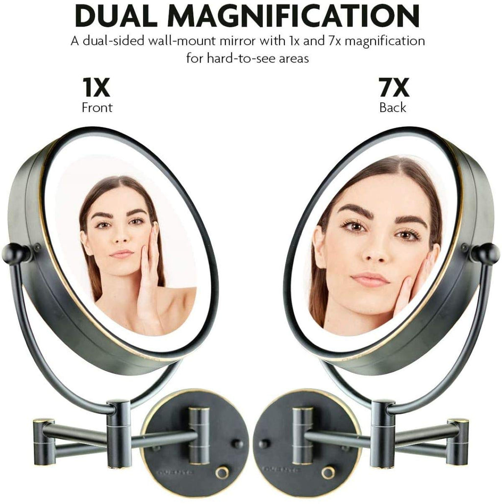 Ovente 9' Lighted Wall Mount Makeup Mirror - 1X/ 7X Magnifier, Hardwired Glow Cosmetic Light Mirror, Spinning 360-Degree, Doubl