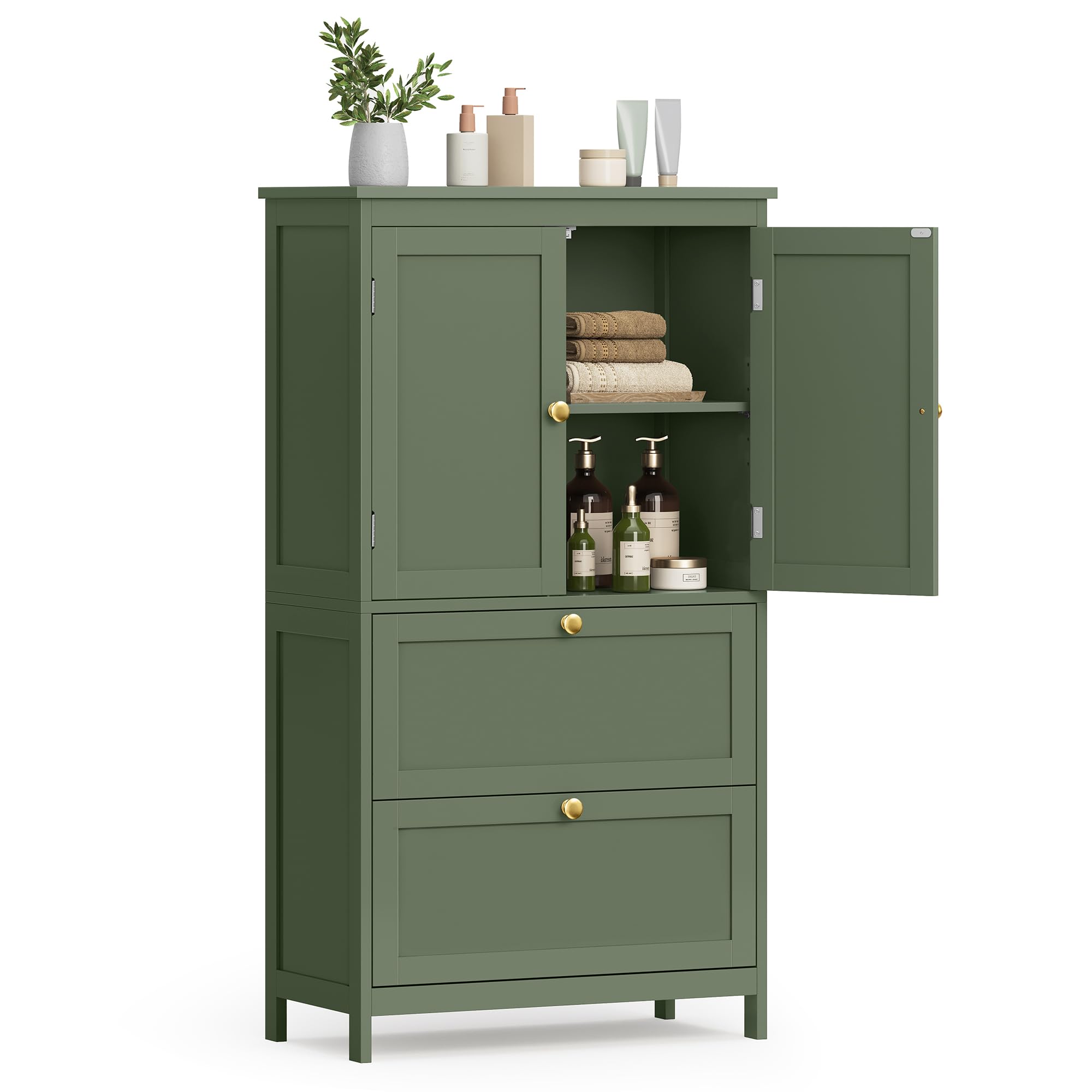 Vasagle Bathroom Floor Storage Cabinet, Bathroom Storage Unit, Freestanding Cabinet With 2 Drawers And 2 Doors, Adjustable Shelf, 11.8 X 23.6 X 43.3 Inches, Forest Green Ubbc551C01