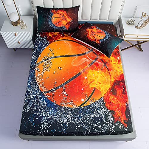 Roscloud Sports Basketball Sheets Sets Full Size - 3Pc Ice Flame Galaxy Basketball Boys Fitted Sheet(Fitted Sheet*1 Pillowcases*