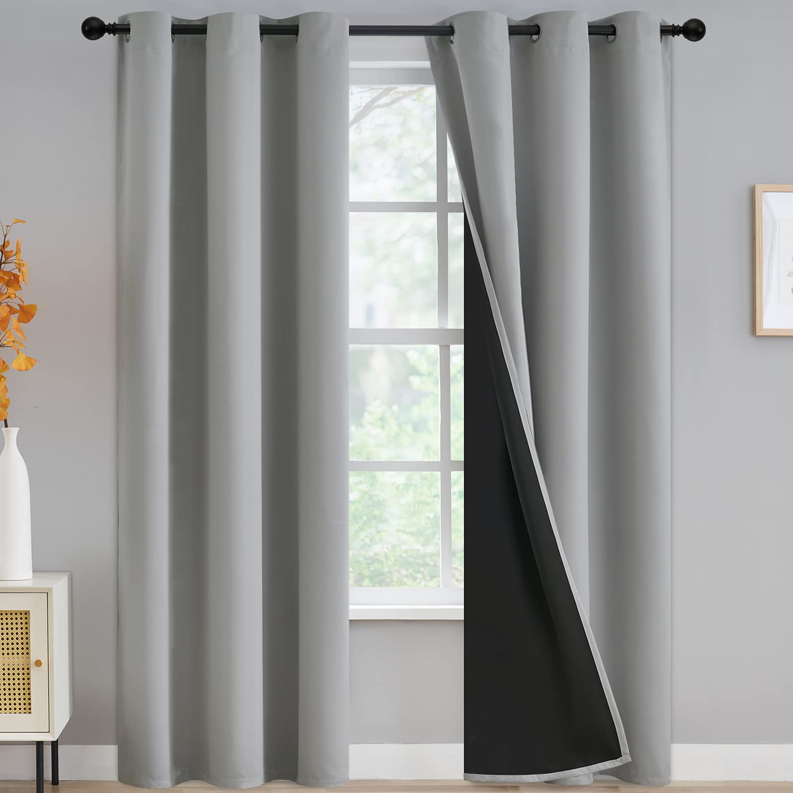 Grey Full Shade Curtain Panels, Thermal Insulated & Energy Efficiency Window Draperies for Guest Room, Full Blackout Curtains & 