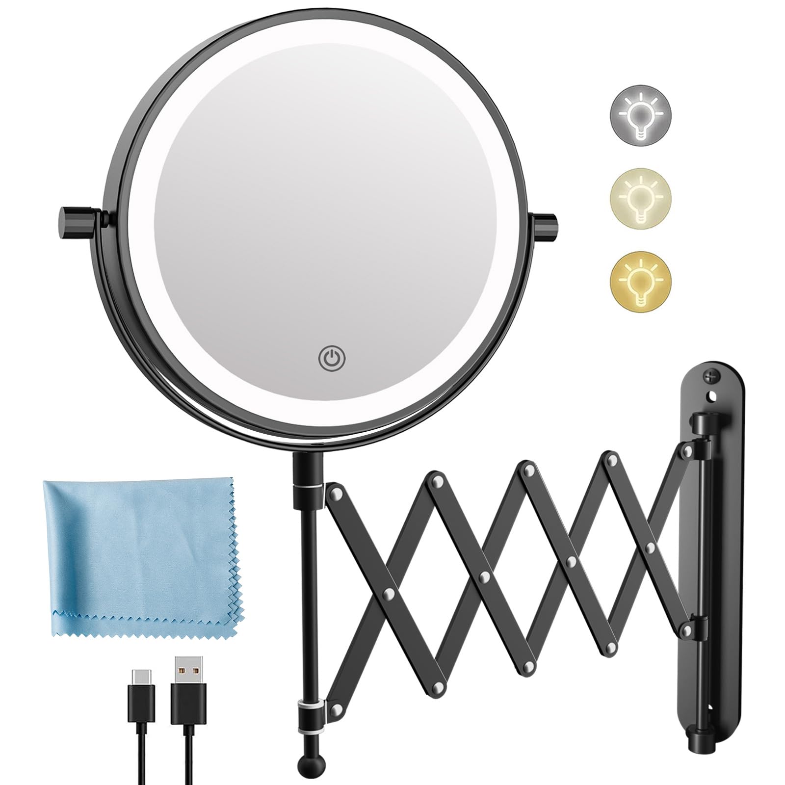Rechargeable Wall Mounted Makeup Mirror - 8 Inch Double Sided 1X/10X Magnifying Mirror with 3 Color Lights Dimmable Touch Screen
