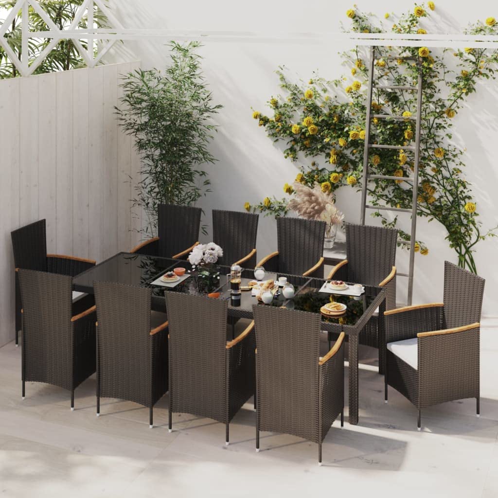 vidaXL Patio Dining Set 11 Piece with Cushions Garden Outdoor Lawn Yard Terrace Balcony Backyard Table and Chair Furniture Poly Rattan Black