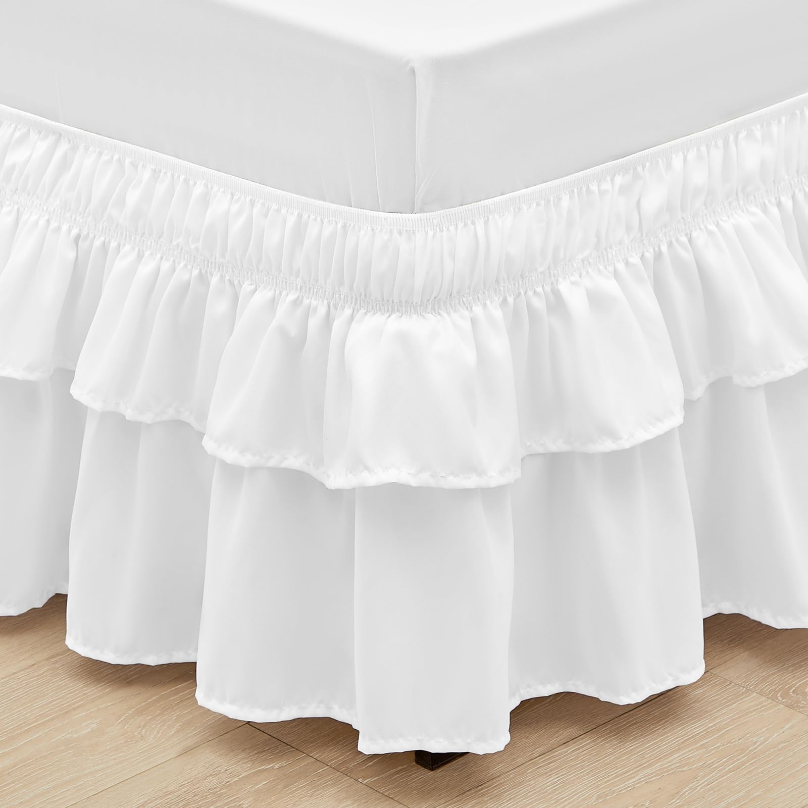 Rimela Ruffle Bed Skirt White Queen 16 Inch Drop, Elastic Wrap Around Bed Skirting Queen Size, Easy To Install Dust Ruffle, Mach