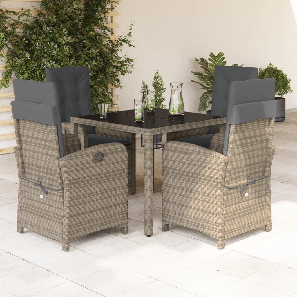 vidaXL 3 Piece Patio Dining Set - Reclining Chairs, Cushions, Tempered Glass Table - Durable Poly Rattan, Gray - Outdoor Garden/Patio Furniture