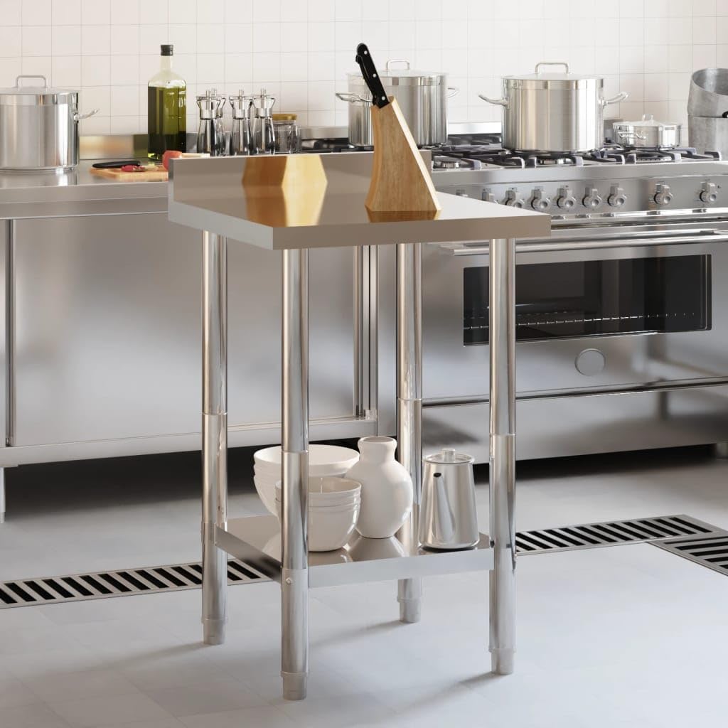 Vidaxl Stainless Steel Kitchen Work Table 21.7"X21.7"X36.6" With Backsplash - Durable Prep Station With Storage For Commercial Use, Adjustable Feet