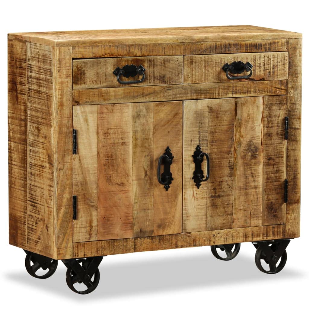 vidaXL Rough Mango Wood Sideboard with 2 Drawers, 1 Cabinet, Wheels & Braking Mechanism - Versatile Industrial Style Storage Cabinet