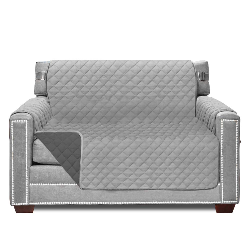 Sofa Shield Chair Slip Cover With Patented Strap, Cushion Protector, Reversible Stain And Dog Tear Resistant Slipcover, Quilted Microfiber 48” Seat, Washable Covers For Dogs Pets Kids Lt Gray Charcoal