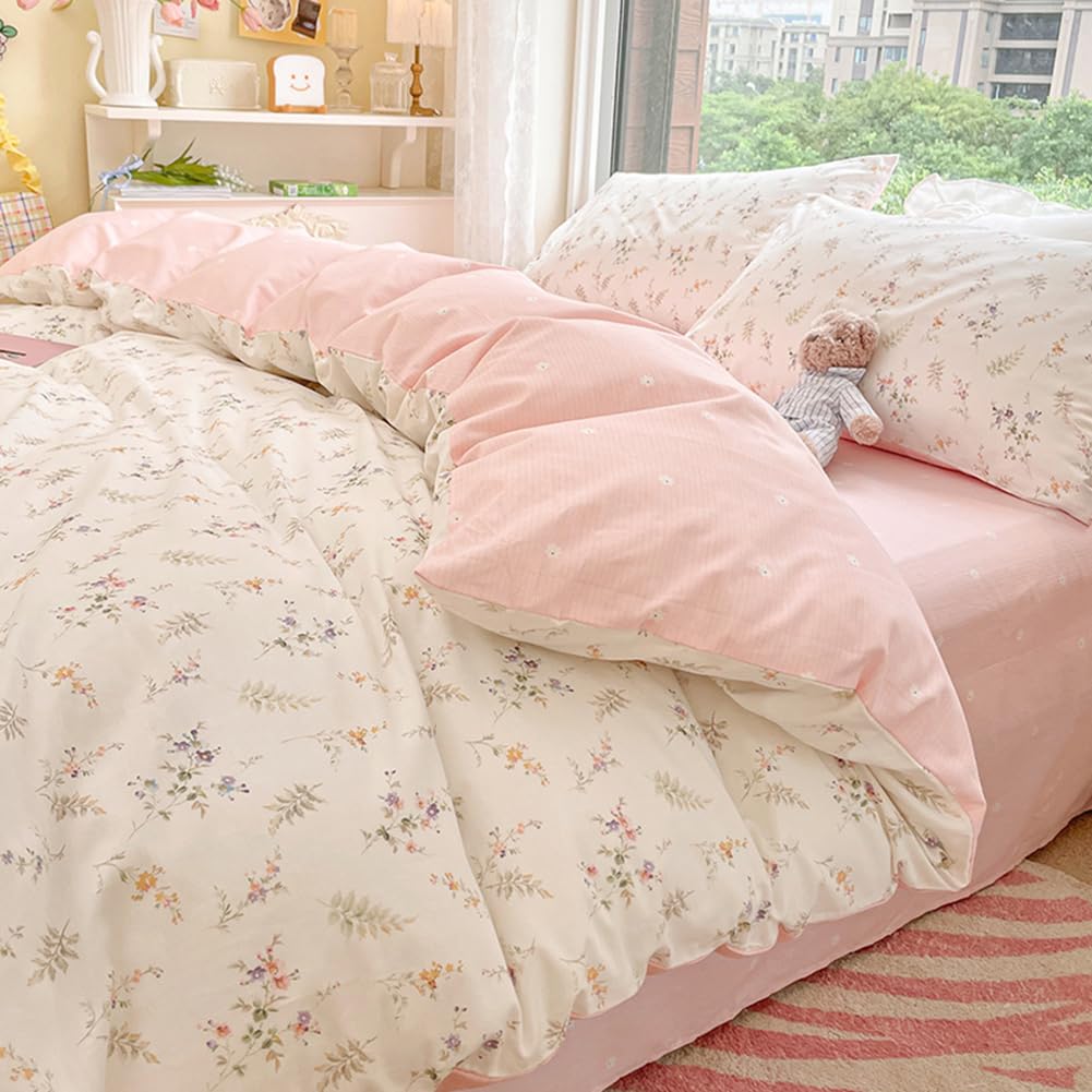 Nayoroom Floral Duvet Cover Queen Size Girls Pink White Botanical Flower Coquette Bedding Set 3 Pieces Soft Breathable Garden Co
