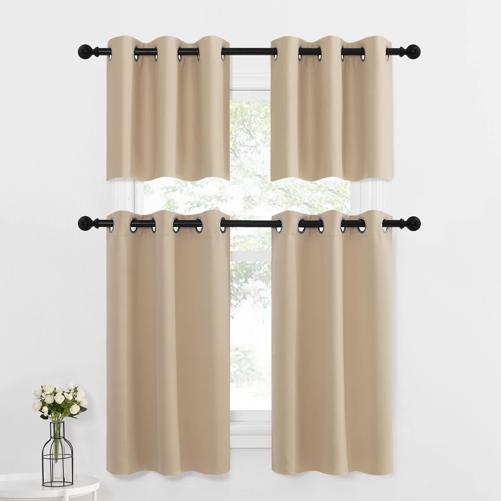 Nicetown Small Tiers Window Kitchen Valances - Farmhouse Style Thermal Insulated Room Darkening Window Treatment Curtains/Drapes (Biscotti Beige, 2 Panels, 42W By 24L With 1.2 Inches Header)