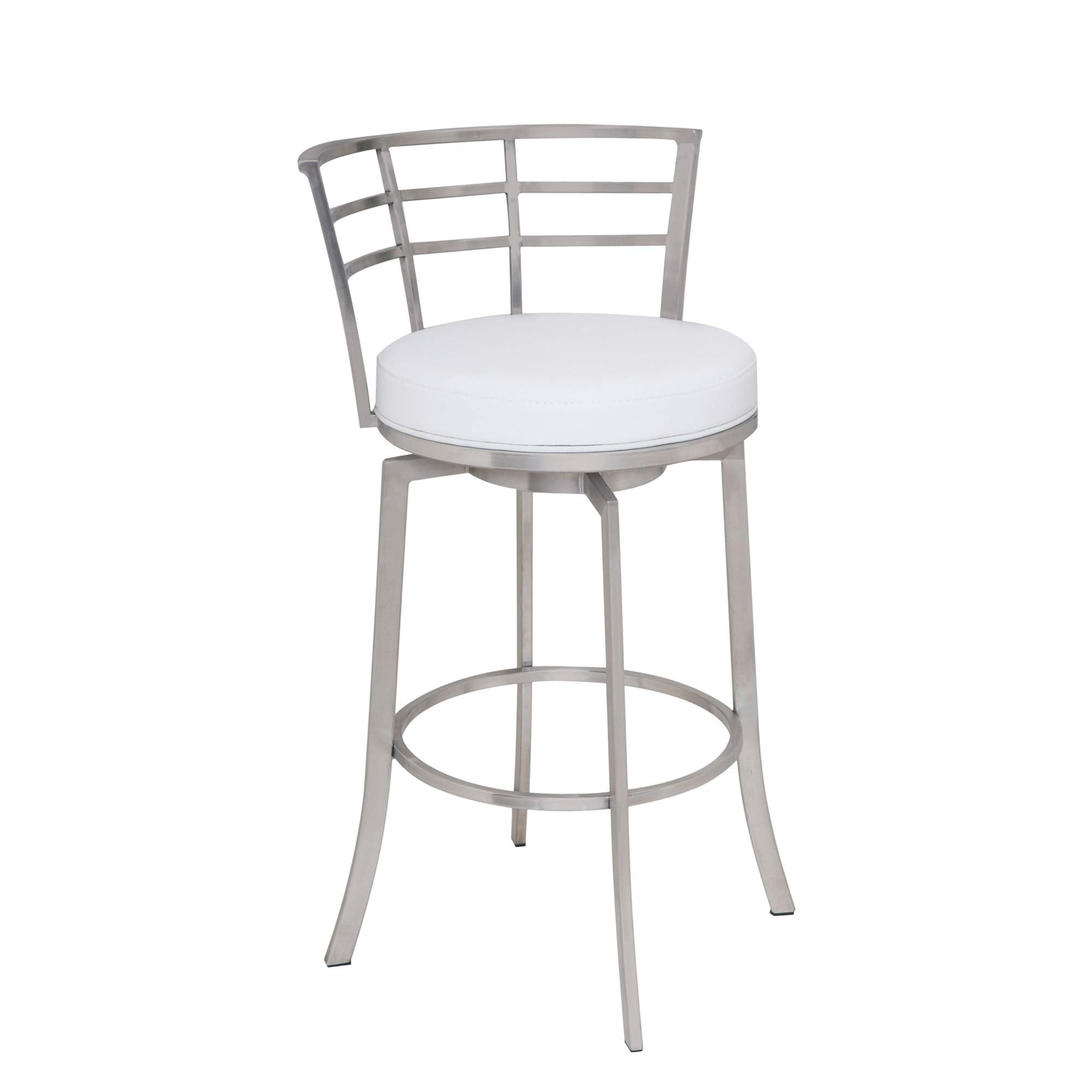 Benjara Curved Metal Back Counter Height Barstool with Flared Legs, White, Silver