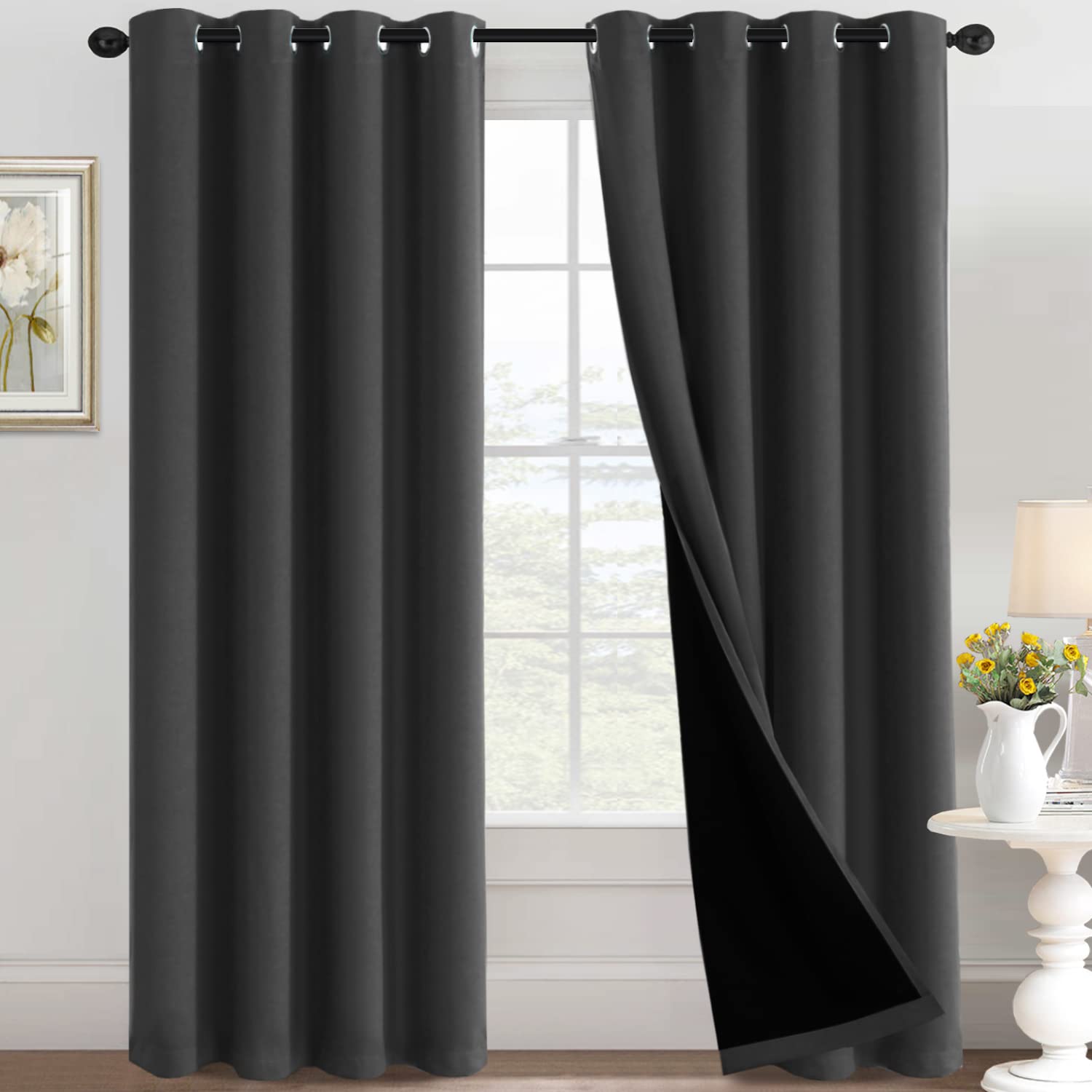 H.Versailtex 100% Blackout Bedroom Curtains Thermal Insulated Living Room Curtains, 96 Inch Sliding Door Curtains For Energy Eff