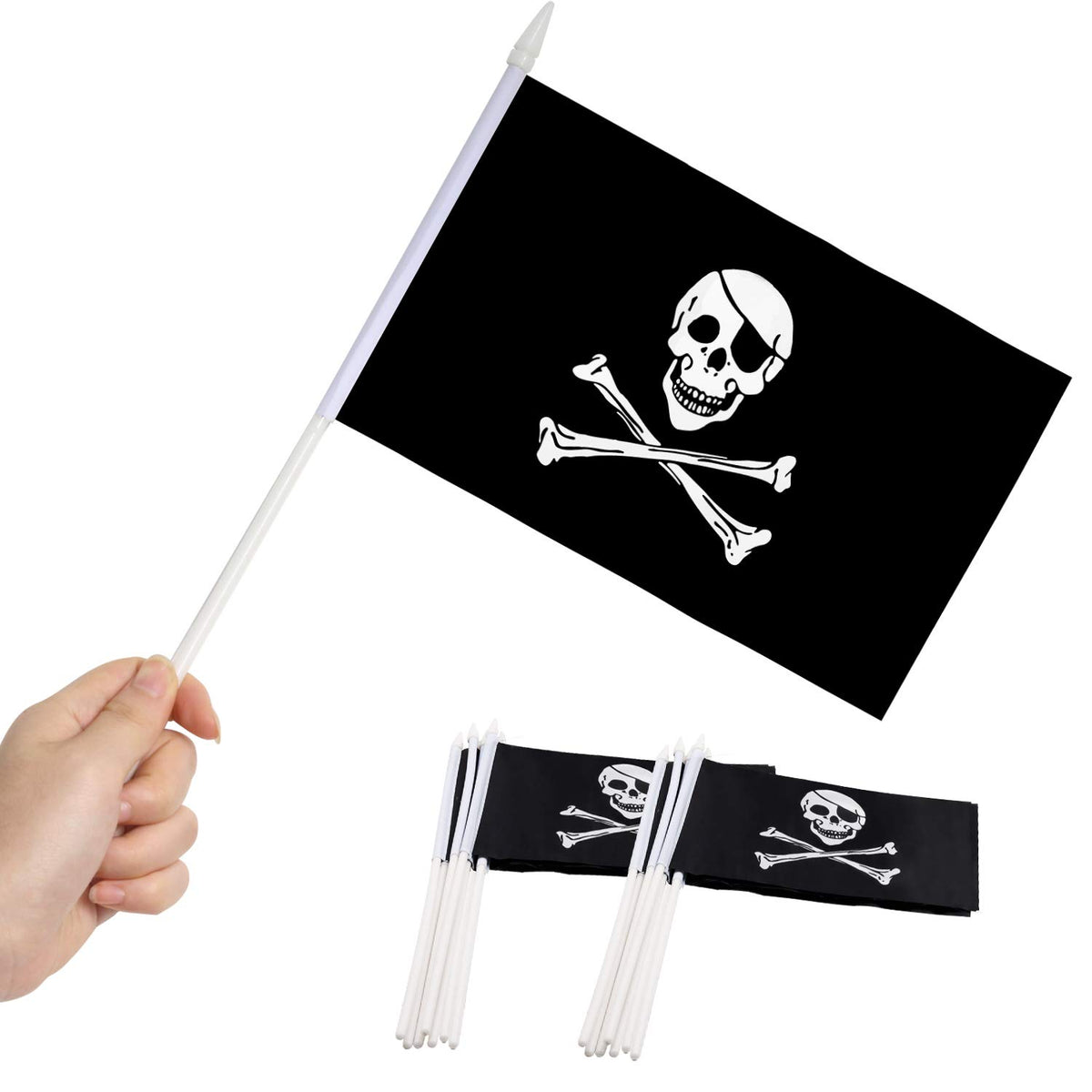 Anley Pirate Mini Flag 12 Pack - Hand Held Small Miniature Jolly Roger Flags On Stick - Fade Resistant & Vivid Colors - 5X8 Inch