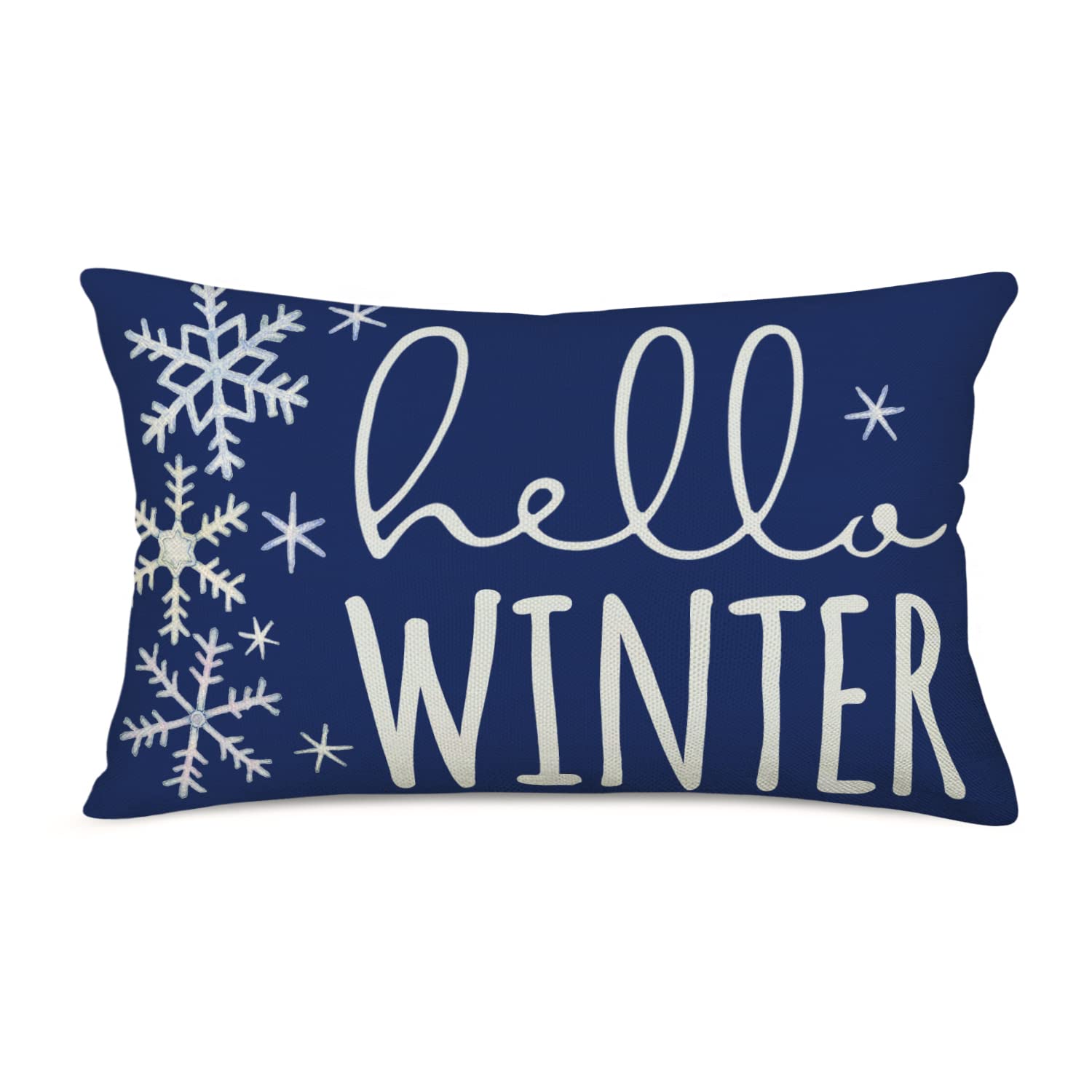 Easternproject Hello Winter Throw Lumbar Pillow Cover 12X20 Blue White Snowflake Christmas Decorations Farmhouse Decorative Cush