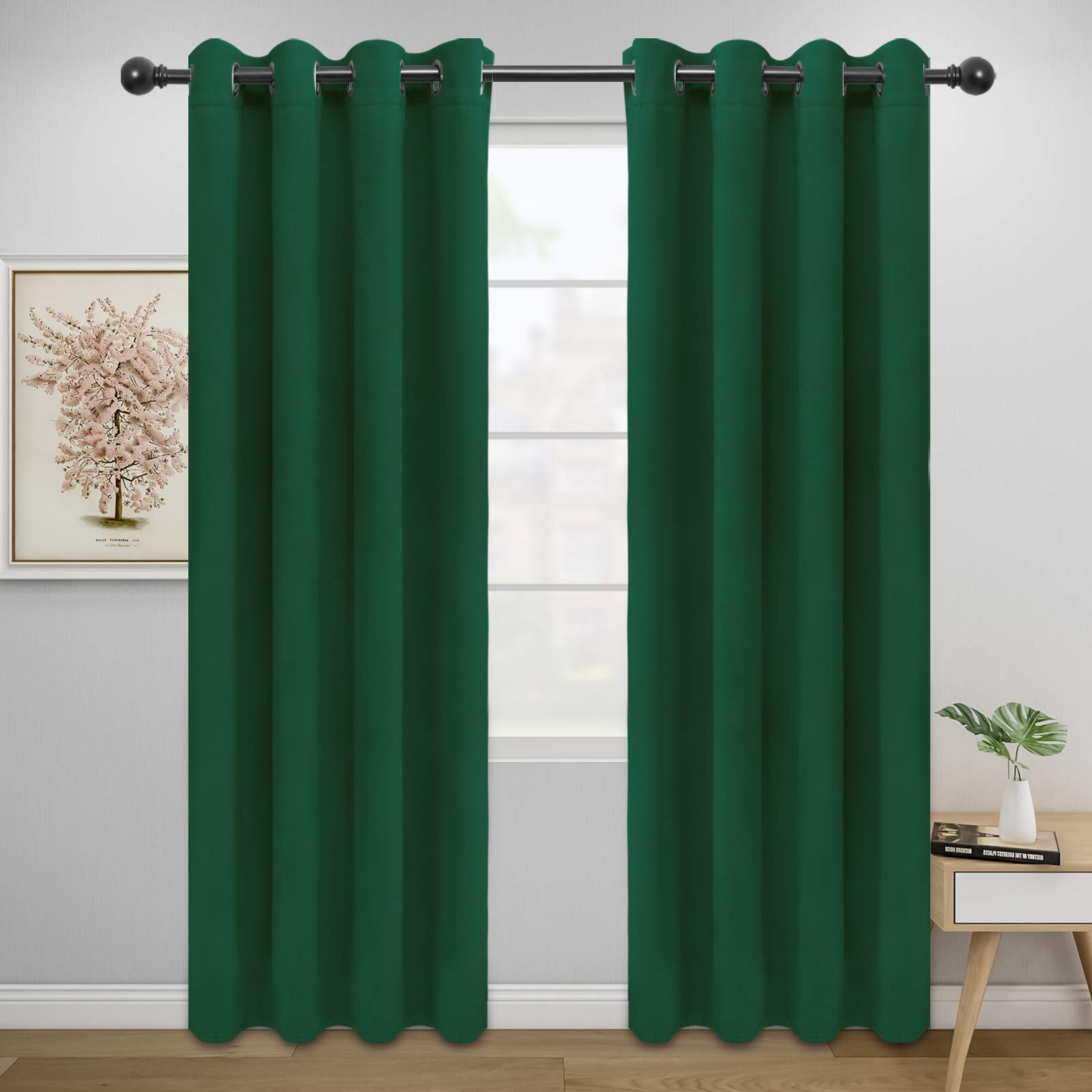 Easy-Going Blackout Curtains For Bedroom, Solid Thermal Insulated Grommet And Noise Reduction Window Drapes, Room Darkening Curtains For Living Room, 2 Panels(52X84 In,Dark Green)
