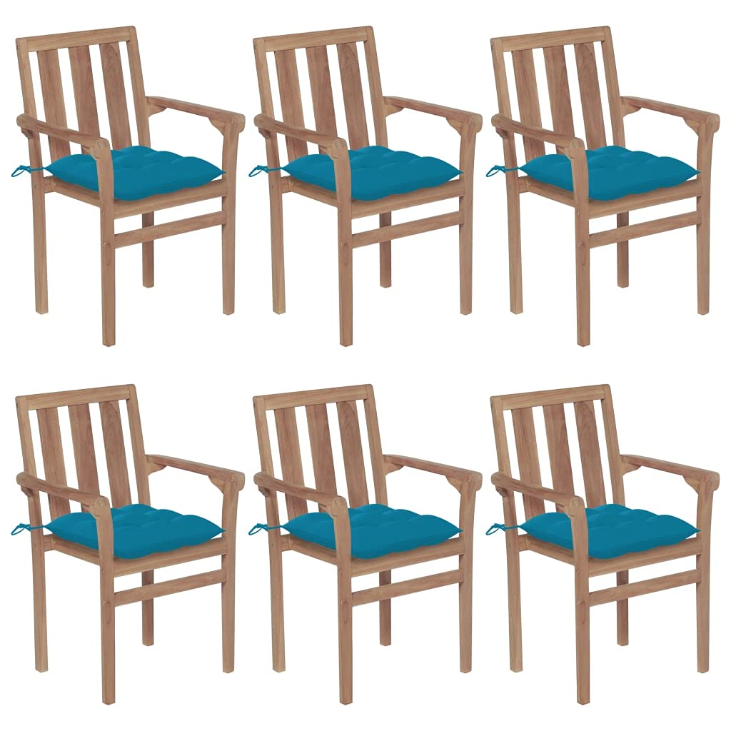 Vidaxl 6X Solid Teak Wood Stackable Patio Chairs With Cushions Garden Terrance Balcony Outdoor Furniture Dinner Dining Seating Chairs