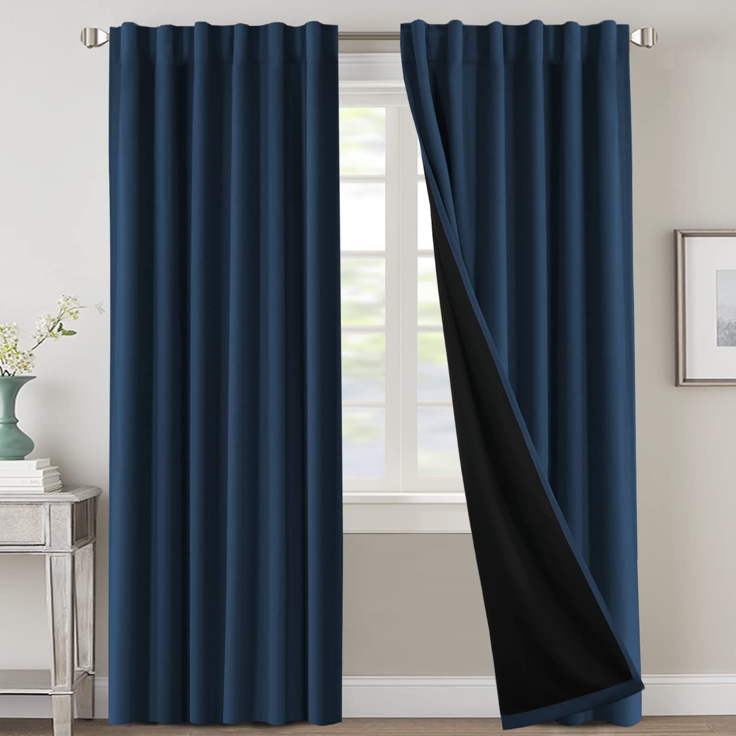 H.VERSAILTEX 100% Blackout Curtains for Bedroom with Black Liner Full Room Darkening Curtain 96 Inch Long Thermal Insulated Back