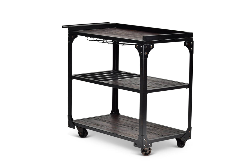 Steve Silver Furniture Sherlock Bar Cart Server, 3-Tier, Industrial Accent Design, Distressed Dark Charcoal Finish, Rustic Styling, Bottle Rack, for Kitchen, Dining Room, 20" D x 40" W x 36" H, Black